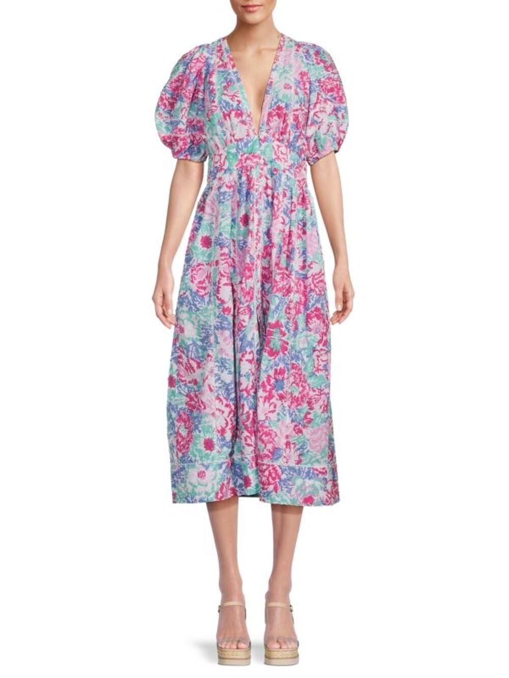 Poupette St Bart Womens Midi Dress Reine Floral V-neckline Buttoned Pink Size